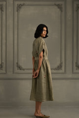 Sage Green Dress In Gauze Linen With Belt And Embroidery - Dress - Mizyana