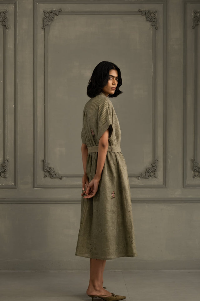 Sage Green Dress In Gauze Linen With Belt And Embroidery - Dress - Mizyana