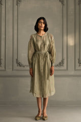 Sage Green Dress In Mul Chanderi With Belt And Hand Embroidery - Dress - Mizyana