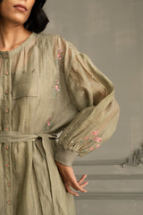 Sage Green Dress In Mul Chanderi With Belt And Hand Embroidery - Dress - Mizyana
