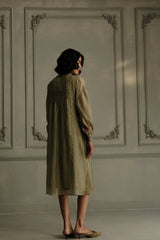 Sage Green Dress In Mul Chanderi With Belt And Hand Embroidery - Dress - Mizyana