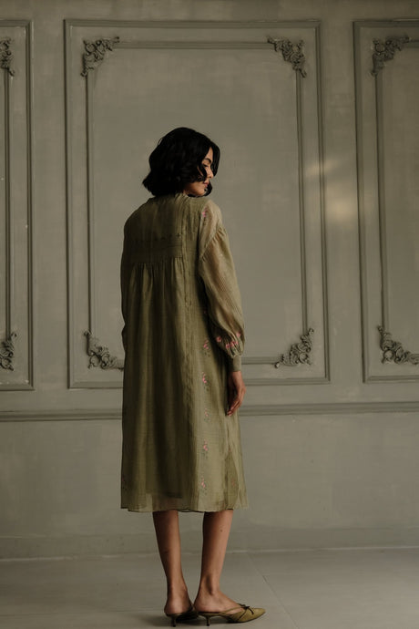 Sage Green Mul Chanderi Dress with gathered balloon sleeves, three quarter back view