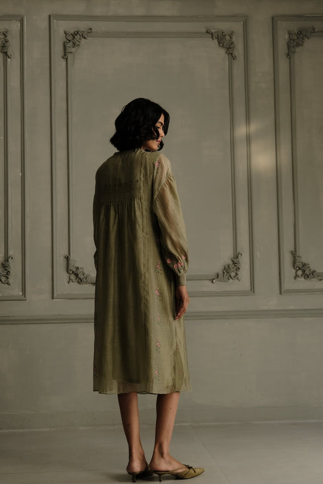 Sage Green Dress In Mul Chanderi With Belt And Hand Embroidery - Dress - Mizyana