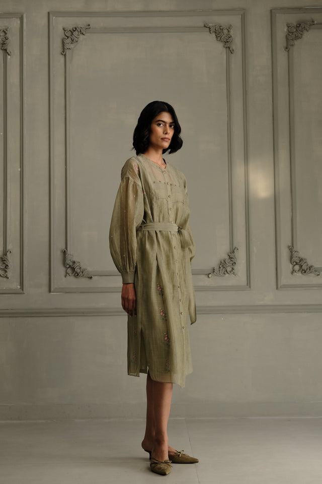 Sage Green Dress In Mul Chanderi With Belt And Hand Embroidery - Dress - Mizyana