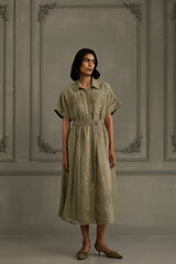 Sage Green Lace Dress With Belt And Embroidery - Dress - Mizyana