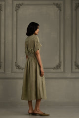 Sage Green Lace Dress With Belt And Embroidery - Dress - Mizyana