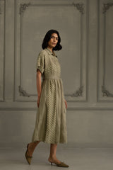 Sage Green Lace Dress With Belt And Embroidery - Dress - Mizyana