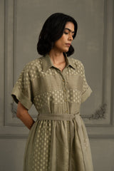 Sage Green Lace Dress With Belt And Embroidery - Dress - Mizyana