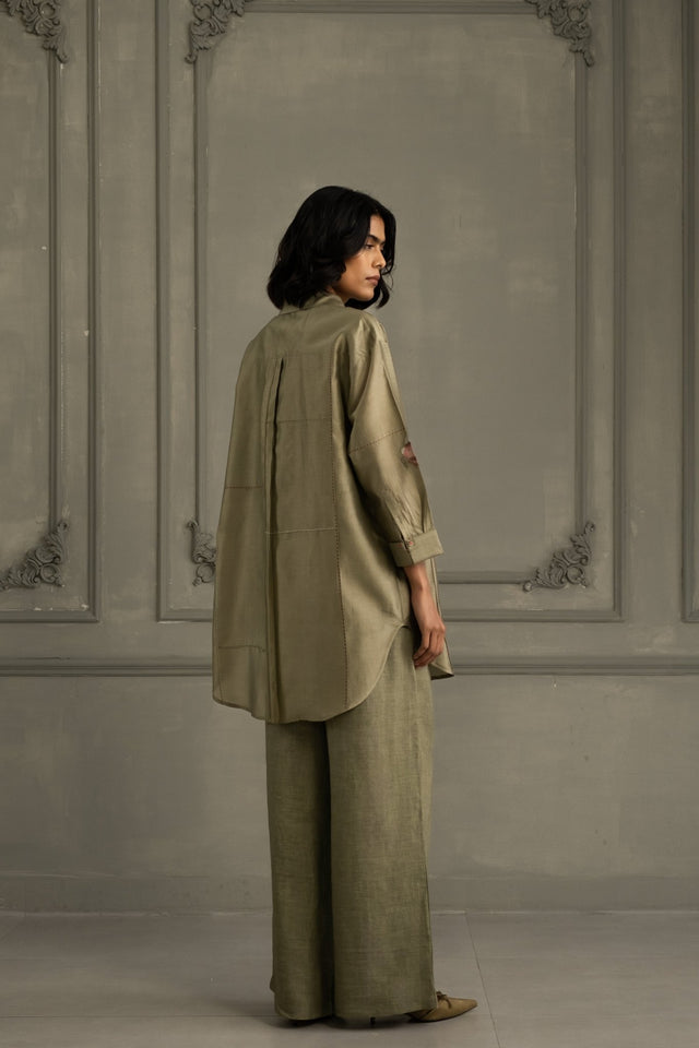 Sage Green Shirt In Silk Chanderi With Embroidery And Flared Pants In Linen - Two-Piece Set - Mizyana