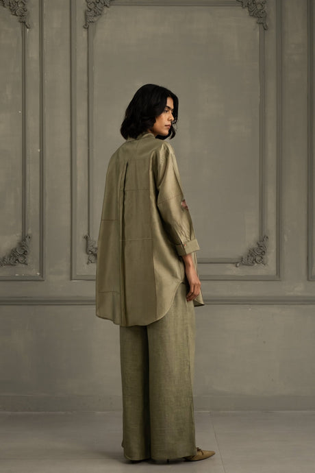 Sage Green Silk Chanderi Shirt with curved hem and back pleat, three quarter back view