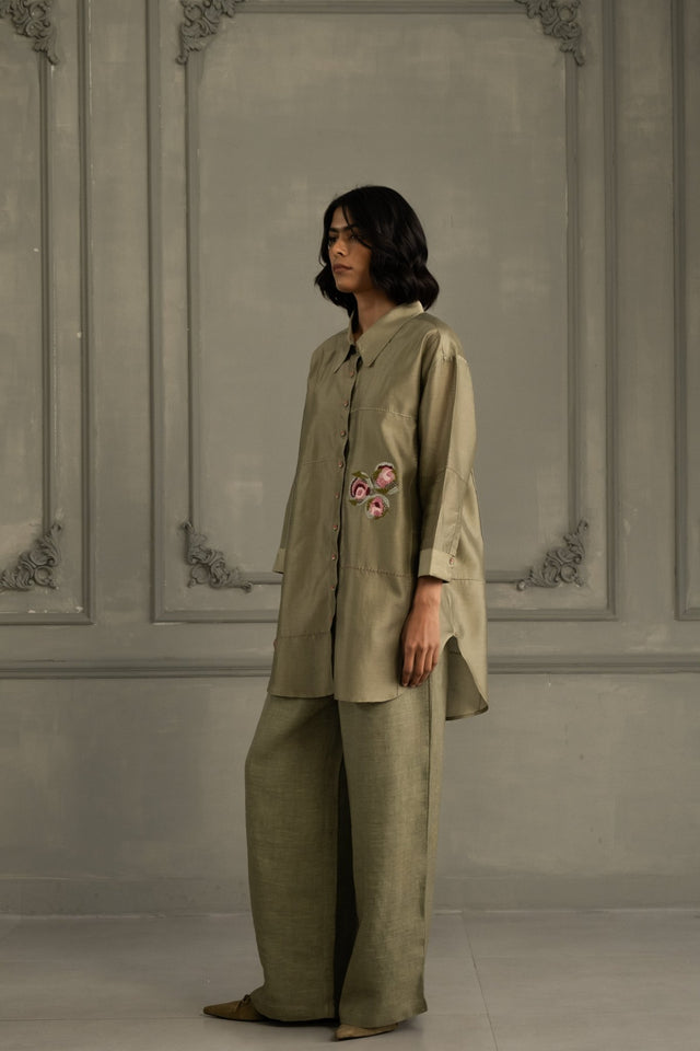 Sage Green Shirt In Silk Chanderi With Embroidery - Shirt - Mizyana