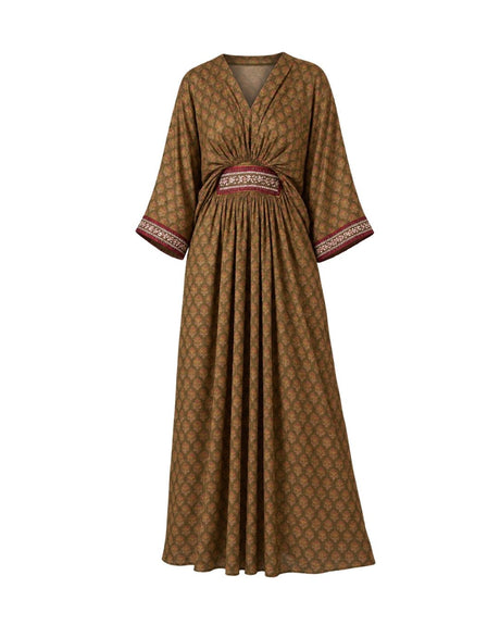 Sanabil Olive Geometric Print Jalabiya Kaftan - Kaftan - Mizyana