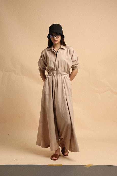 Sand Collar Sphara Jumpsuit by MATI, collared zip front jumpsuit with puff sleeves and wide legs, front view