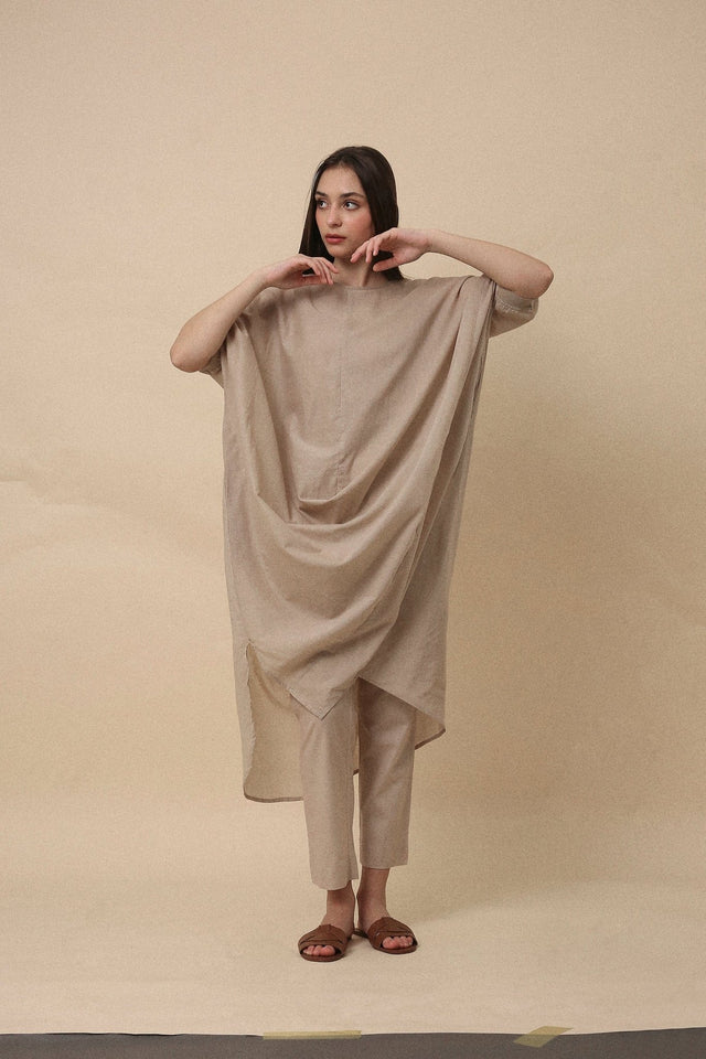 Sand Rib Mul Cowl Tunic Co-Ord Set (2 PCS) - Co-ord Set - Mizyana