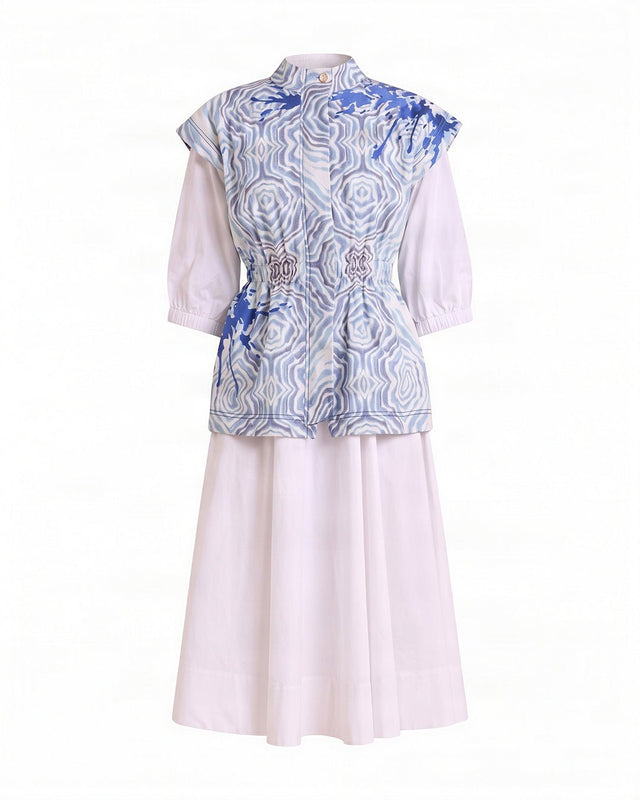 Sarabi Oceanic Blue Print Denim Jacket and Poplin Dress Two-Piece Set - Two-Piece Set - Mizyana