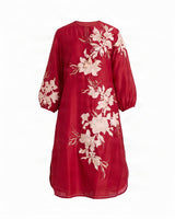 Sarla Red Floral Embroidered Chanderi Silk Dress - Dress - Mizyana