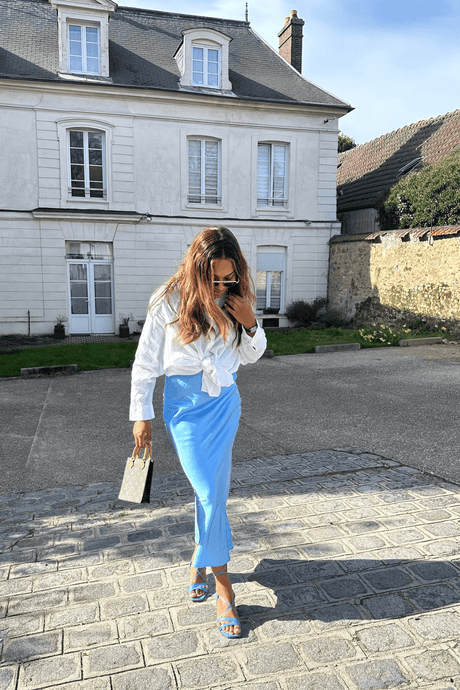 Satin Flared Skirt - Light Blue - Skirt - Mizyana