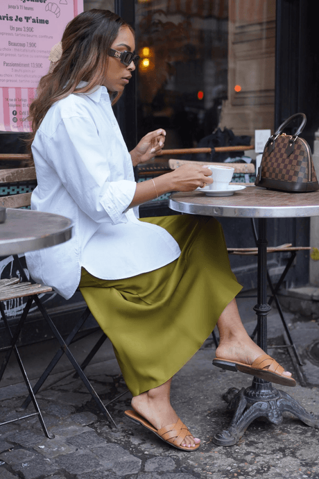 Satin Flared Skirt - Olive - Skirt - Mizyana