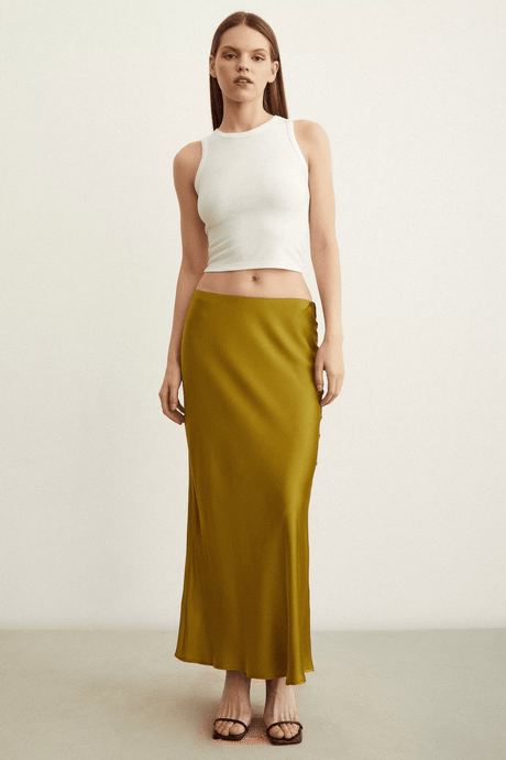Satin Flared Skirt - Olive - Skirt - Mizyana