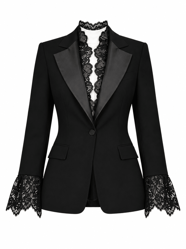 Satin Lapel Tuxedo Jacket with Lace Collar and Cuffs - Jacket - Mizyana