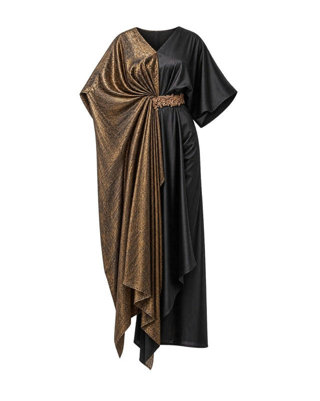 Shimmer and Black Draped V-Neck Kaftan - Kaftan - Mizyana