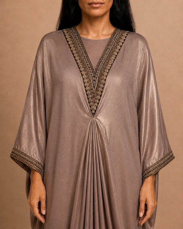 Shimmery Embroidered Neck Kaftan - Kaftan - Mizyana