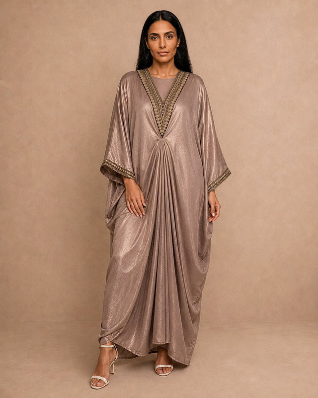 Shimmery Embroidered Neck Kaftan - Kaftan - Mizyana