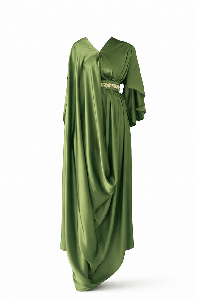 Side Belt Moss Green Draped Kaftan with Handwork Belt - Kaftan - Mizyana
