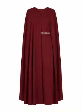Signature Drape Red Kaftan with Gold Embellished Belt - Kaftan - Mizyana
