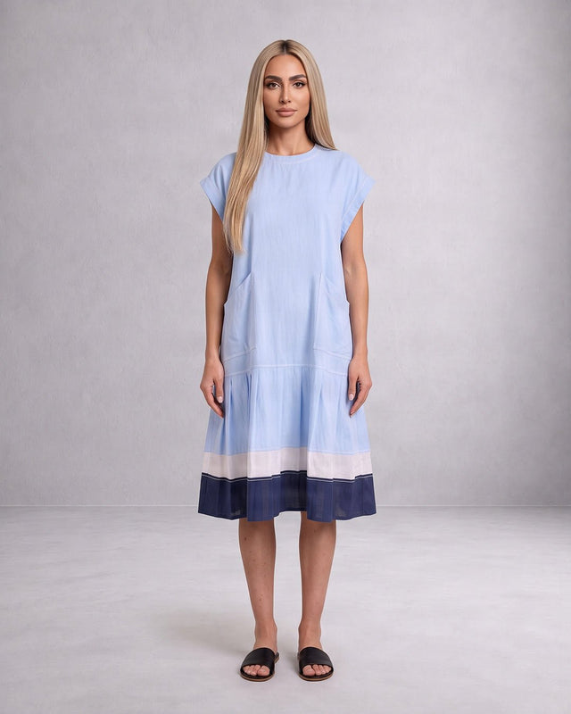 Sky Mitzi Color Block Tiered Hem Cotton Dress with Patch Pockets - Dress - Mizyana