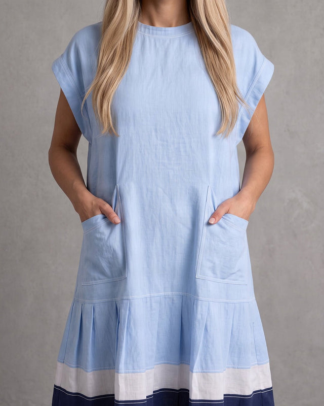 Sky Mitzi Color Block Tiered Hem Cotton Dress with Patch Pockets - Dress - Mizyana