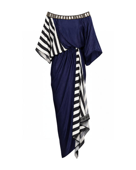 Stria Pleat Navy Striped Drape Dress with Mirror Neckline - Dress - Mizyana