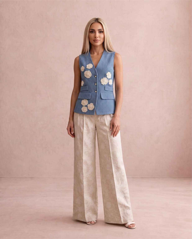 Striped Denim Vest and Ivory Floral Wide-Leg Trousers Two-Piece Set - Two-Piece Set - Mizyana