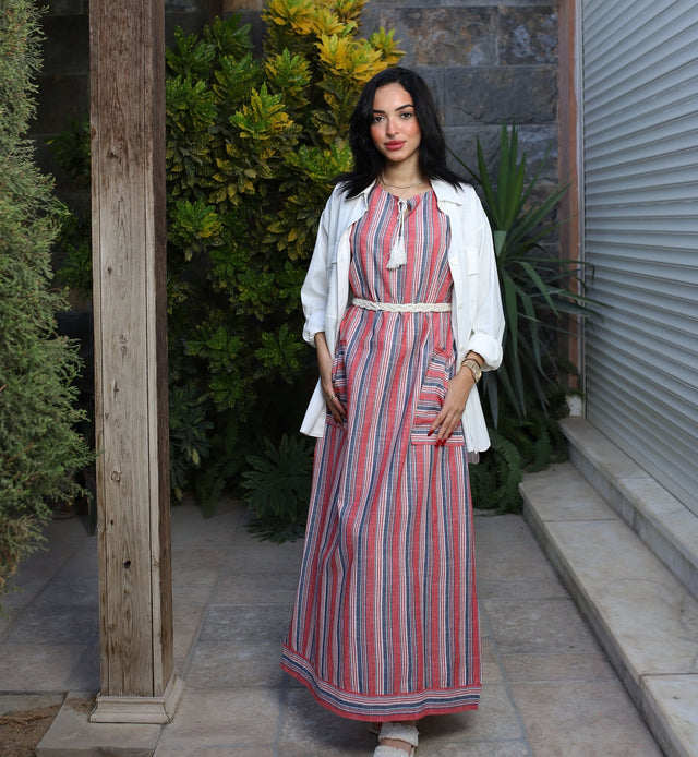 Stripped Linen Dress-Red - Dress - Mizyana