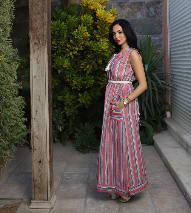 Stripped Linen Dress-Red - Dress - Mizyana
