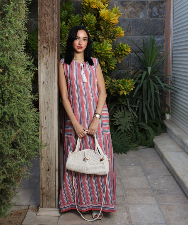 Stripped Linen Dress-Red - Dress - Mizyana