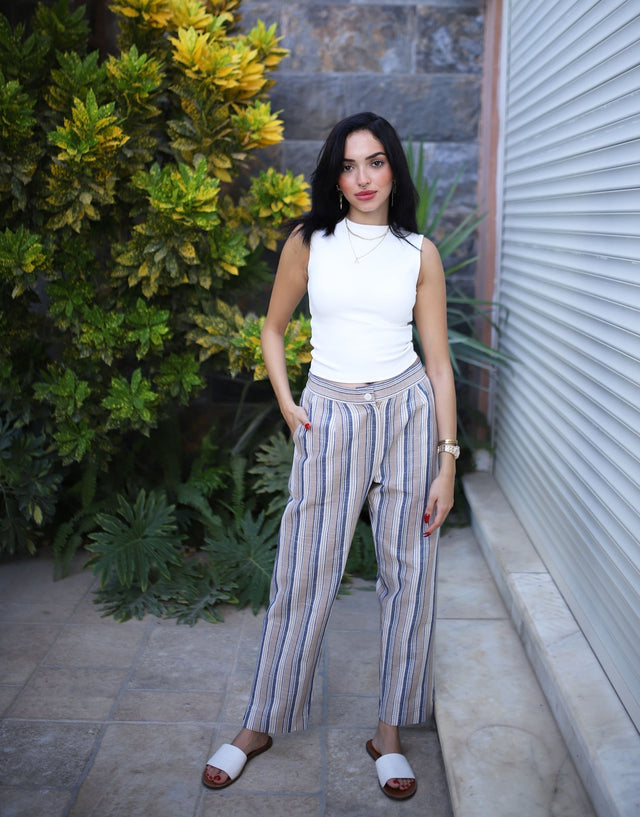 Stripped Linen Pants- Beige - Trousers - Mizyana