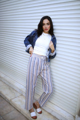 Stripped Linen Pants- Beige - Trousers - Mizyana