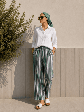 Stripped Linen Pants- Green - Trousers - Mizyana