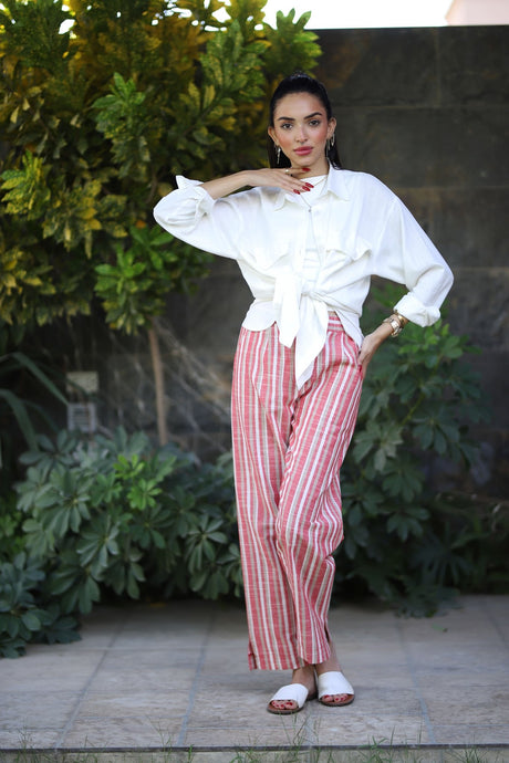Stripped Linen Pants- Red - Trousers - Mizyana