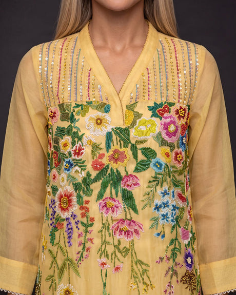 Sunray Floral Beaded Cotton Kurta - Tunic - Mizyana