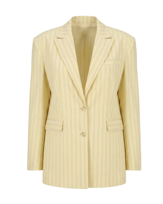 Tahlia Butter Yellow Striped Cotton Double-Buttoned Blazer - Blazer - Mizyana