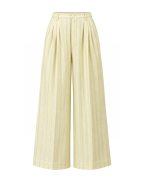 Tahlia Butter Yellow Striped Pleated Wide Leg Trousers - Trousers - Mizyana