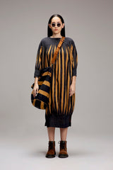 Tan-Brown Blue Striped Balloon Dress - Dress - Mizyana
