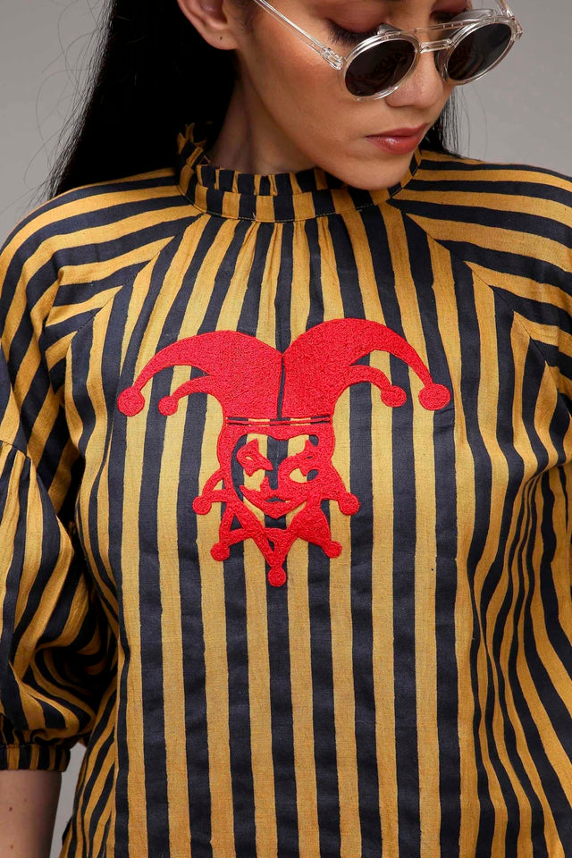 Tan-Brown Blue Striped Big Joker Tunic - Shirt - Mizyana