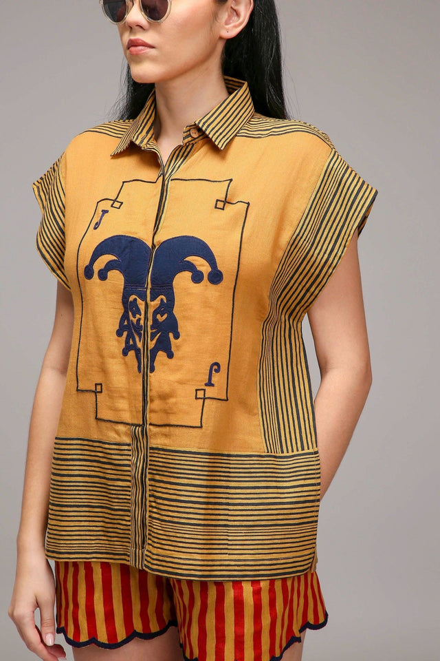 Tan-Brown Blue Striped Blue Joker Shirt - Shirt - Mizyana