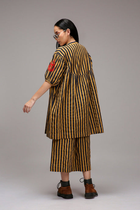 Tan-Brown Blue Striped Capre Pants - Trousers - Mizyana