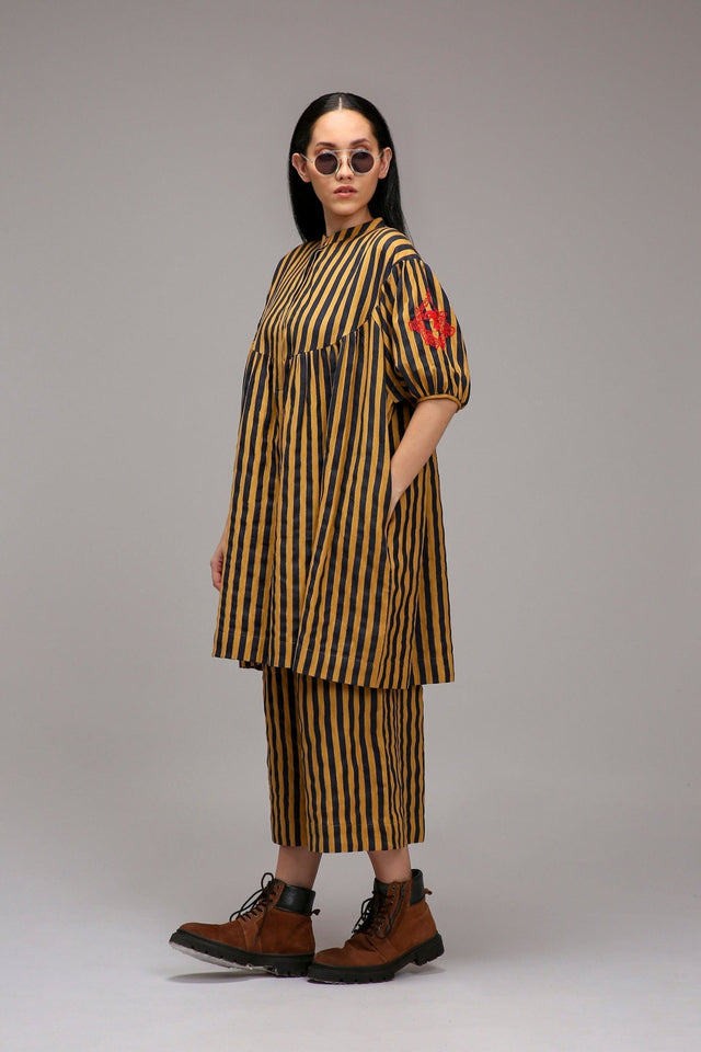 Tan-Brown Blue Striped Capre Pants - Trousers - Mizyana