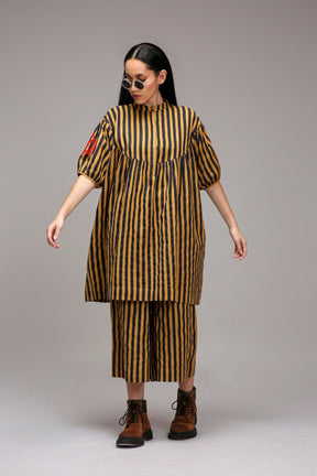 Tan-Brown Blue Striped Capre Pants - Trousers - Mizyana