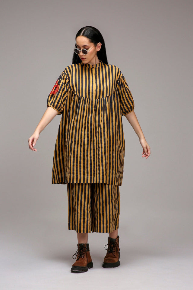 Tan-Brown Blue Striped Capre Pants - Trousers - Mizyana